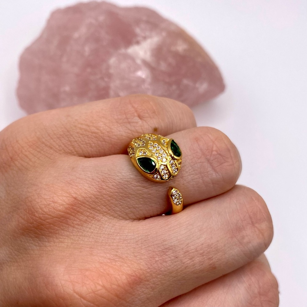 NEW 18k gold plated snake shape ring with green CZ eye
